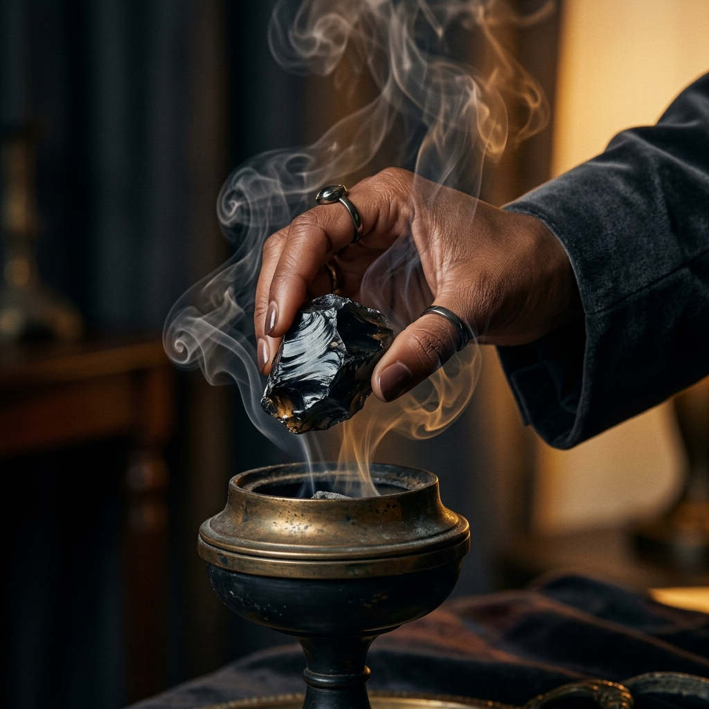 Editorial close-up of incense and stone