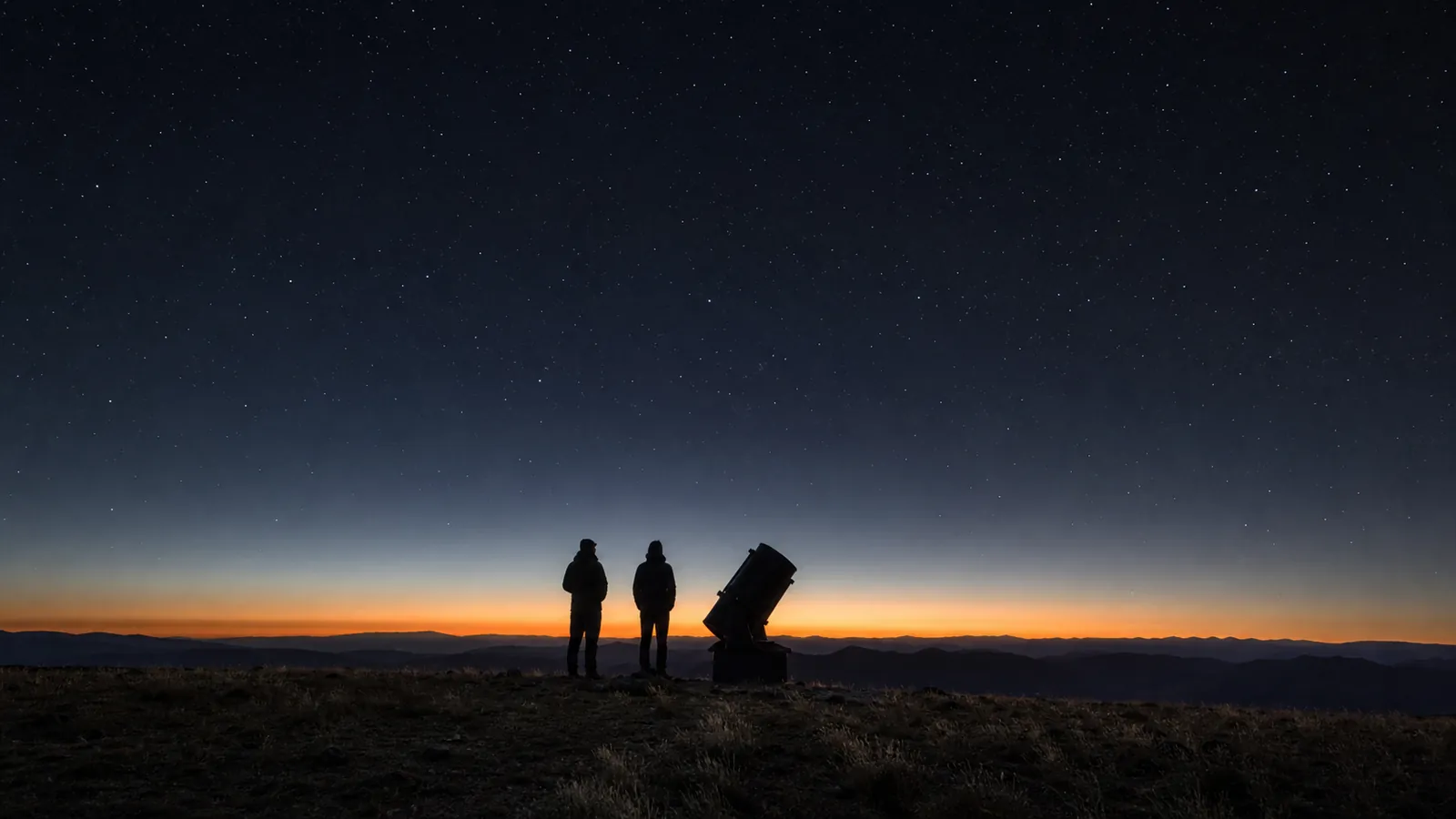 Two Aphelion founders stand beside a Dobsonian telescope as the last light leaves a high plateau.