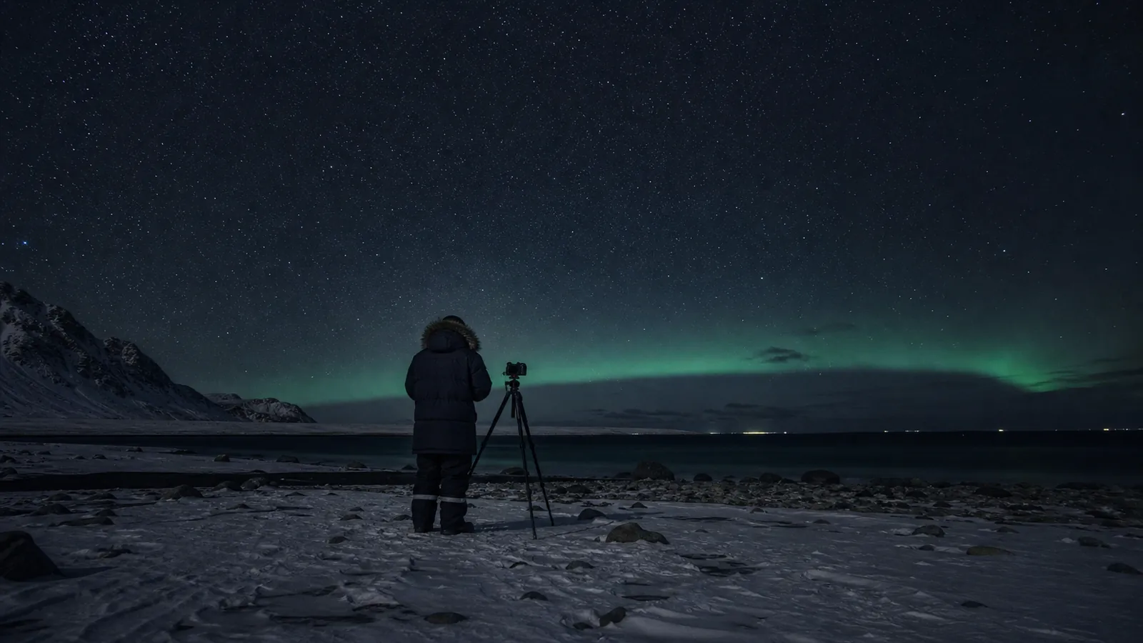 A bundled observer and tripod wait on a snowy Arctic beach beneath a faint aurora.