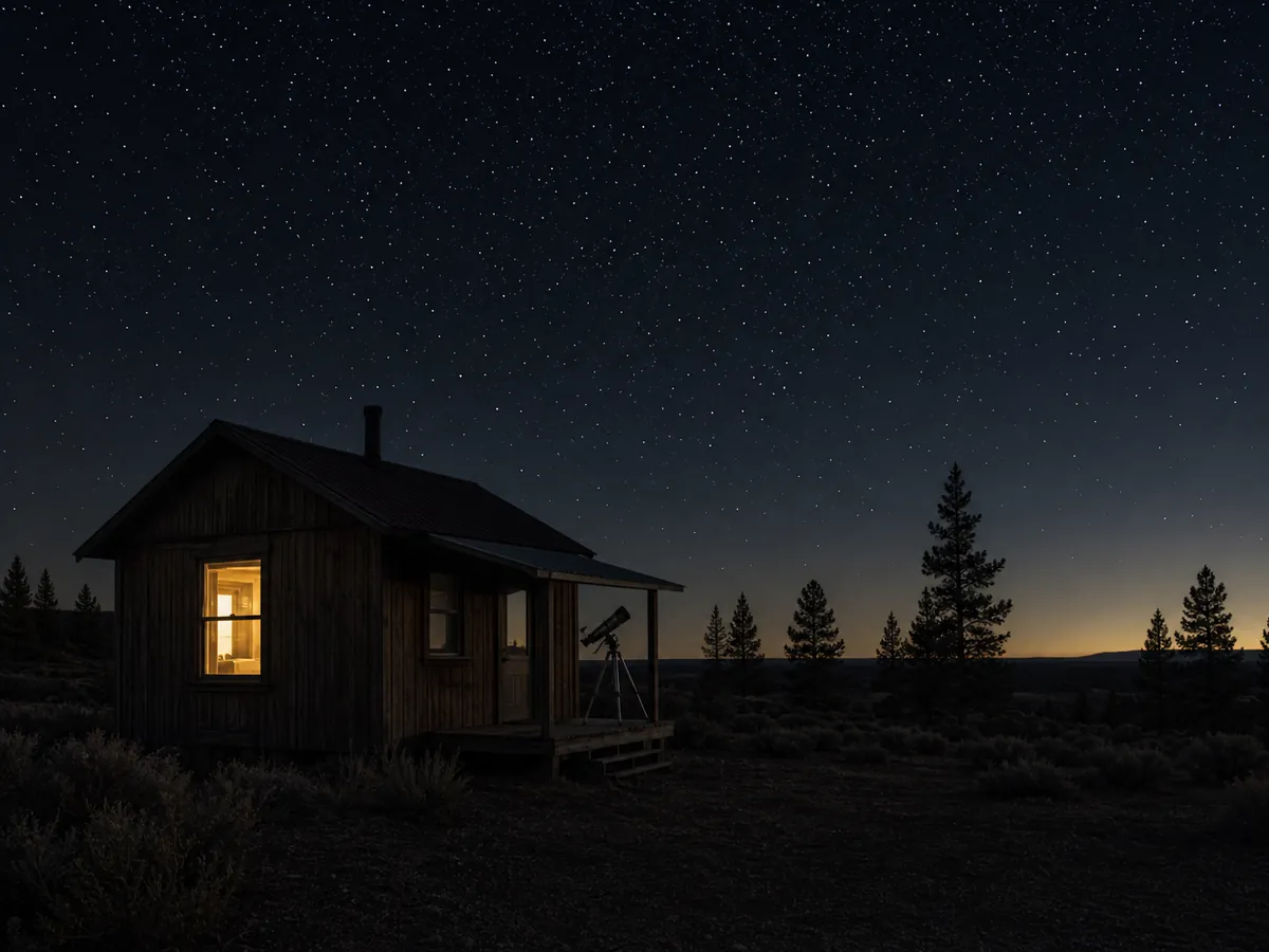 Aphelion's wooden Oregon field office at night, with one warm window and a telescope on the porch.