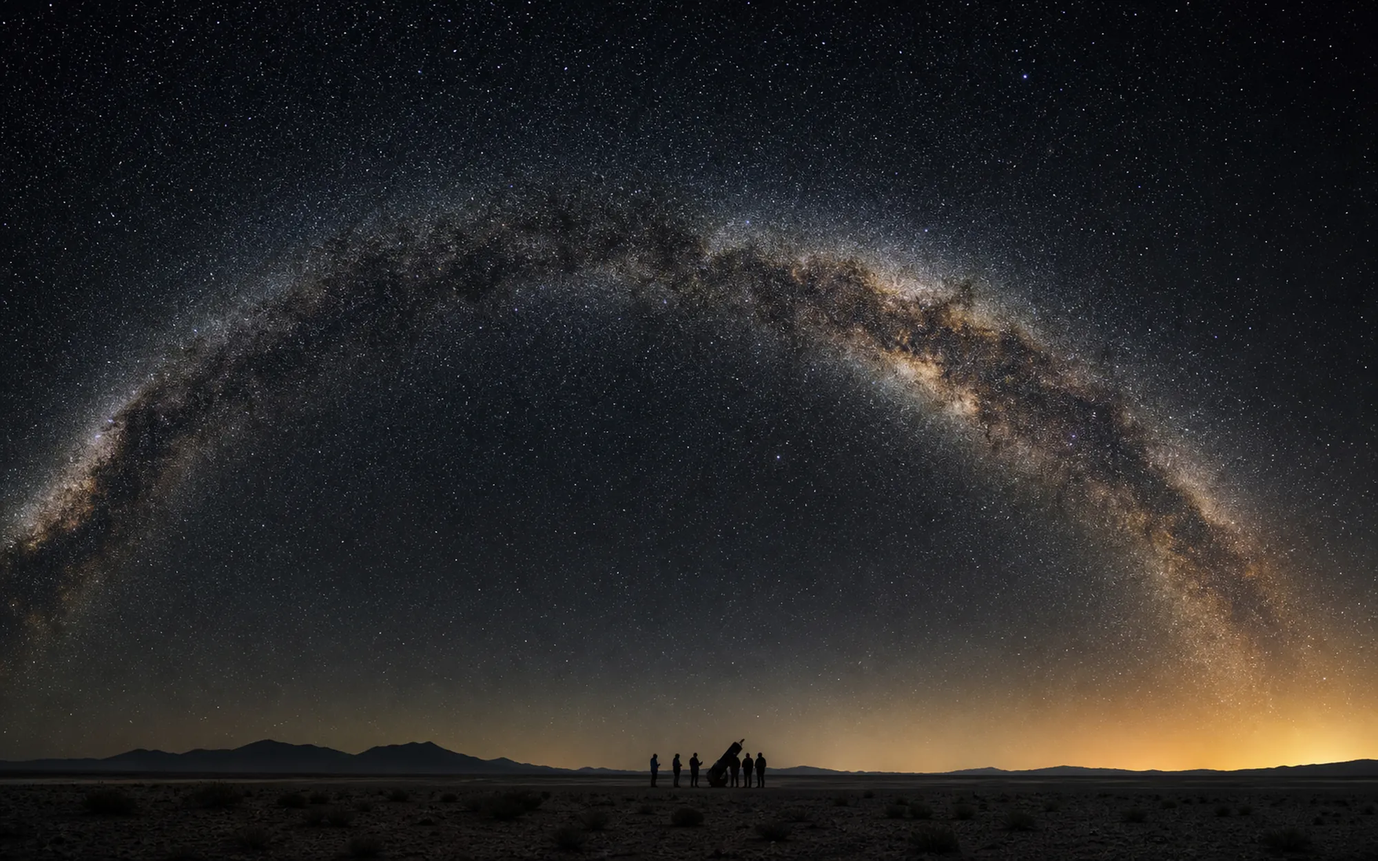 The Milky Way arches over a small group gathered around a telescope in the desert.