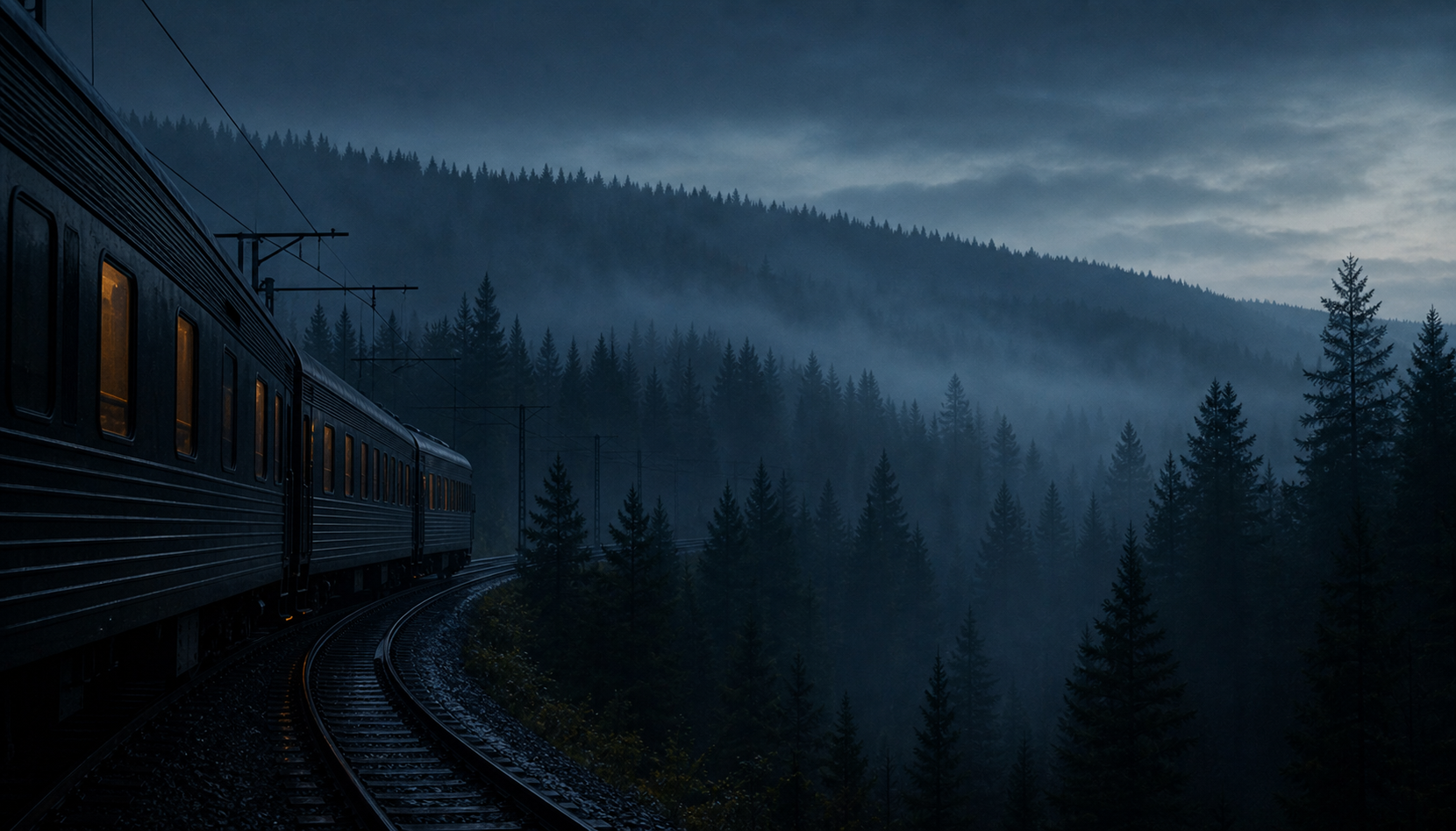 PALISADE sleeper train moving through a misty northern forest