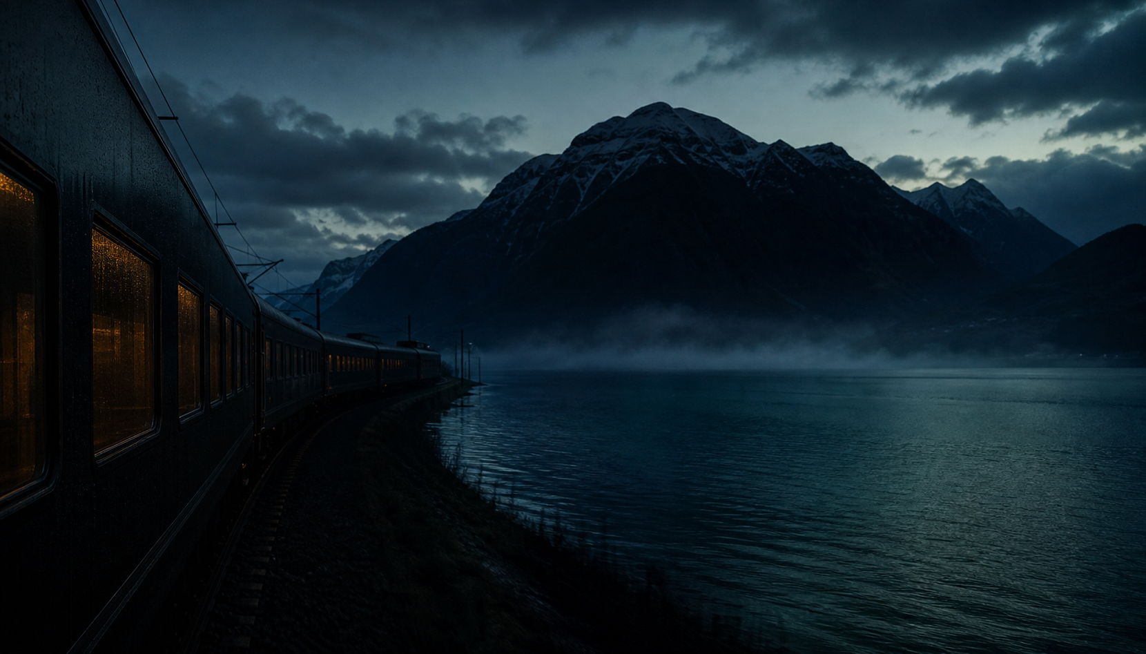 PALISADE sleeper train beside an Alpine lake before dawn